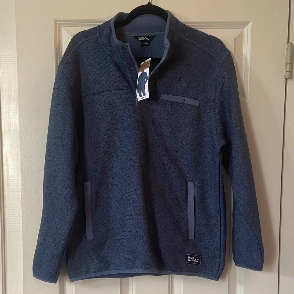 NWT Eddie Bauer Men's Fleece Quarter-Snap Pullover Sweater Blue Small